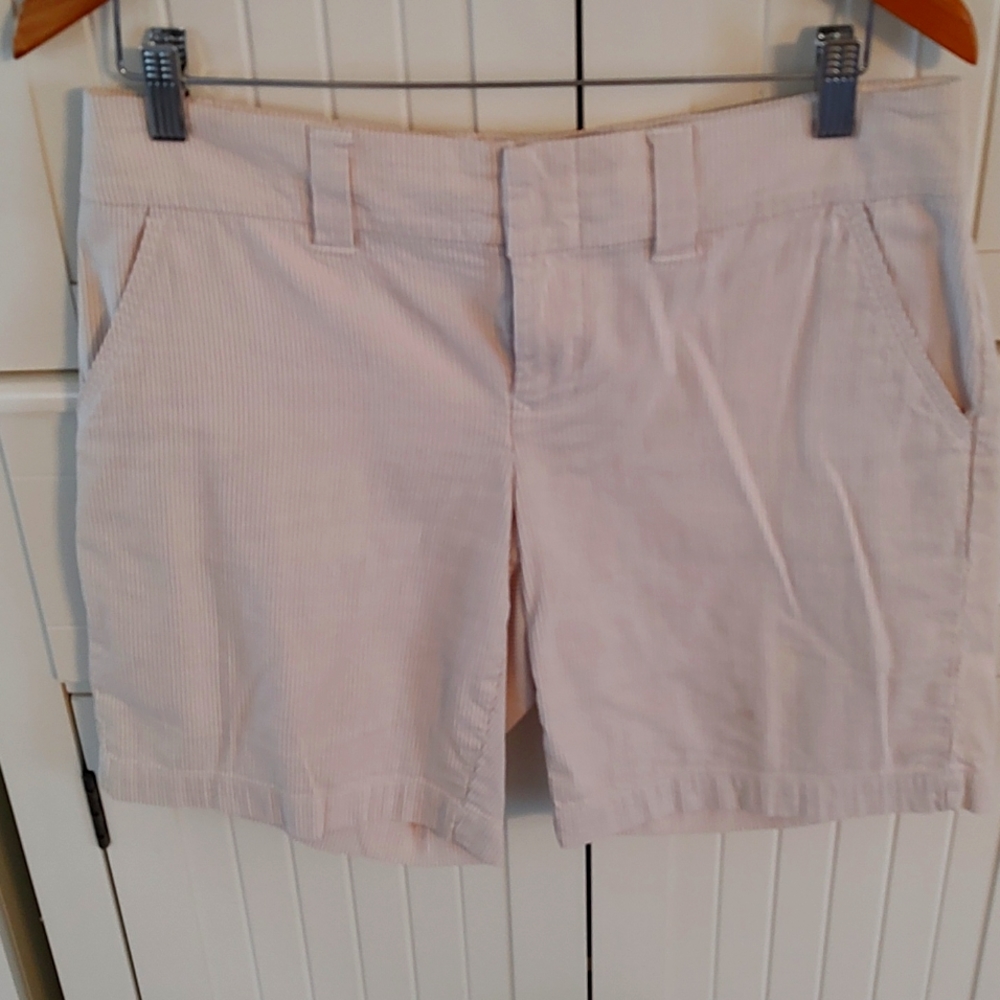 tan and white seersucker short